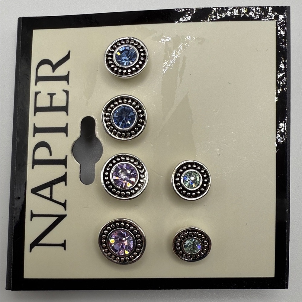 NWT Napier Silver Tone Round Stud Earrings with Colorful Simulated Crystals - Picture 3 of 3